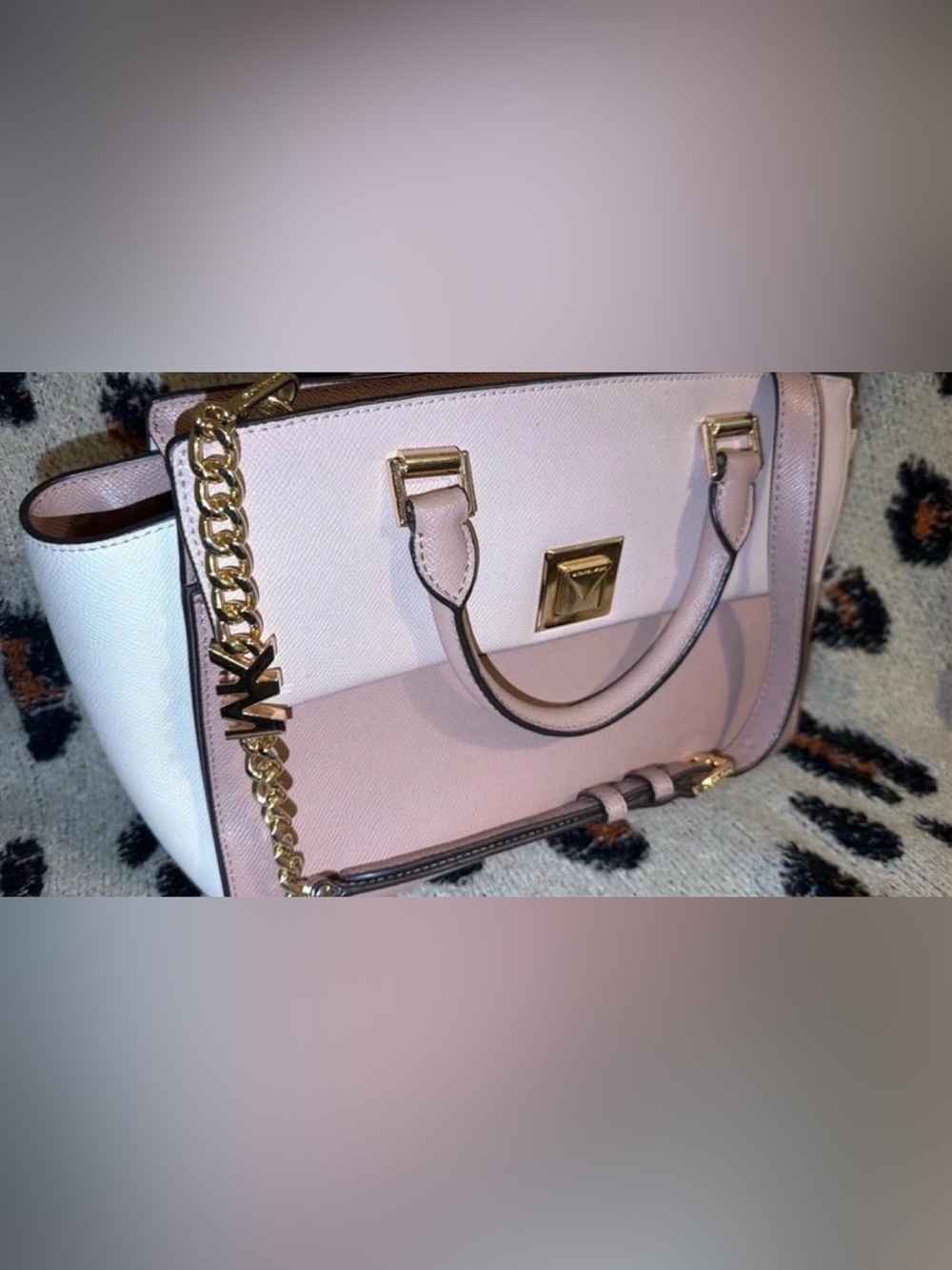 Michael Kors Pale Pink and White Saffiano Leather Satchel with Gold Chain